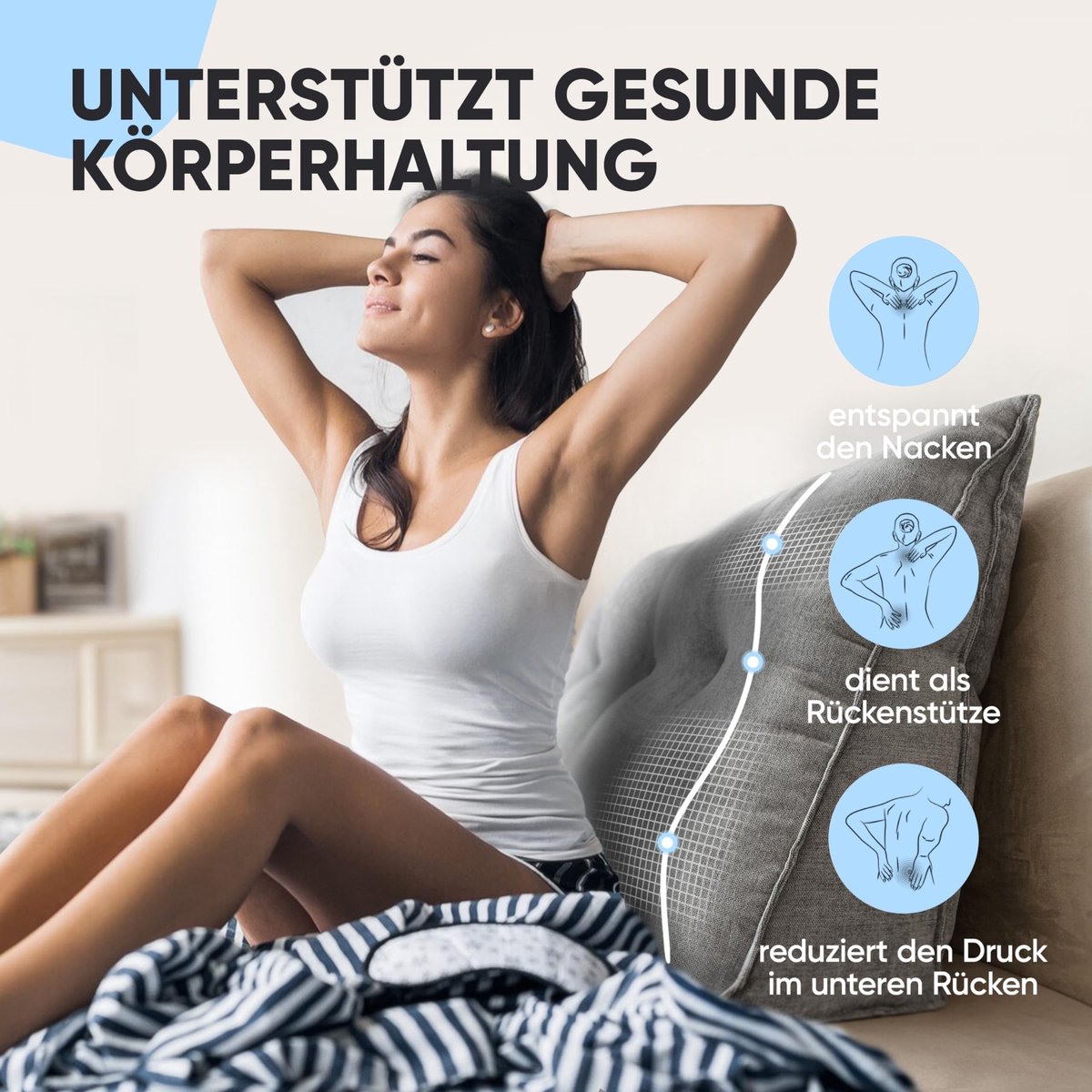 Omgoods - Björn&Schiller Rugkussen - Wedge Kussen voor Bed en Sofa - Grijs 70cm