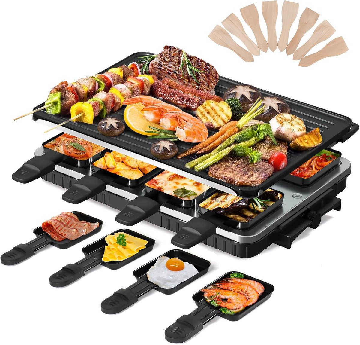 2-in-1 raclette-grill, 8 personen, elektrische tafelgrill, anti-aanbaklaag, omkeerbare grillplaat, elektrische grill, rookvrije raclette met 8 mini raclettepannetjes en 8 schrapers