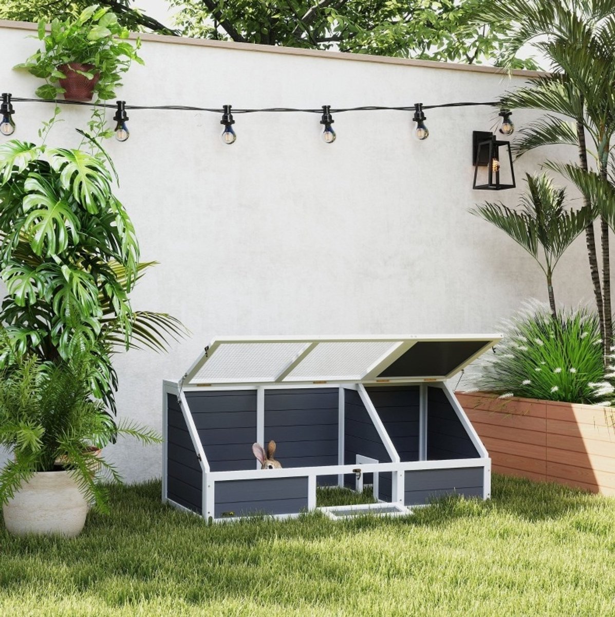 REDOM - Outdoor schildpaddenverblijf - Bodemloos ontwerp - Opklapbaar dak - Vergrendelbare toegang - Voor buiten - Hout en metaal - Lichtgrijs - 120 x 55 x 50 cm