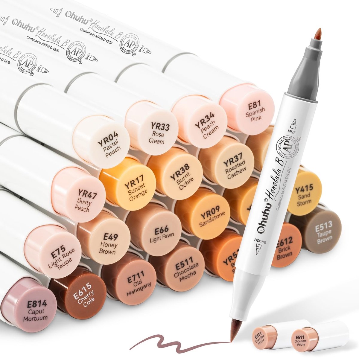 Omgoods - 24 Huidtinten Alcohol Markers met Blender, Brush & Fine Point