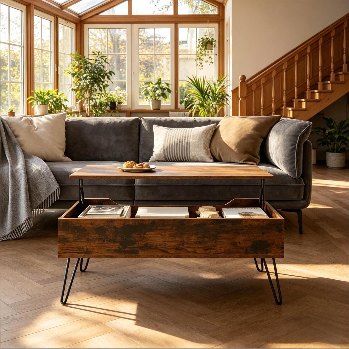 COVREO Salontafel 95 x 50 x 55,5 cm, rustiek bruin, hout en metaal, verstelbaar