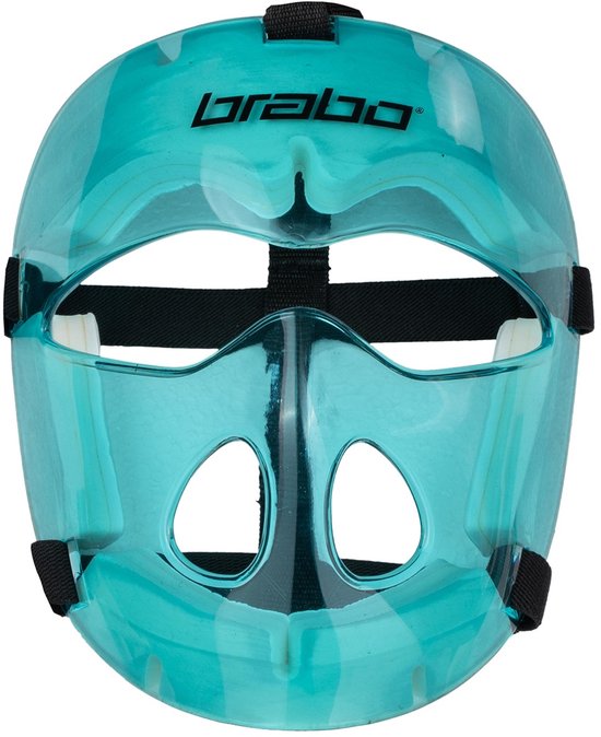 Brabo face mask in lichtblauw transparant plastic met zwarte banden en ventilatiegaten.