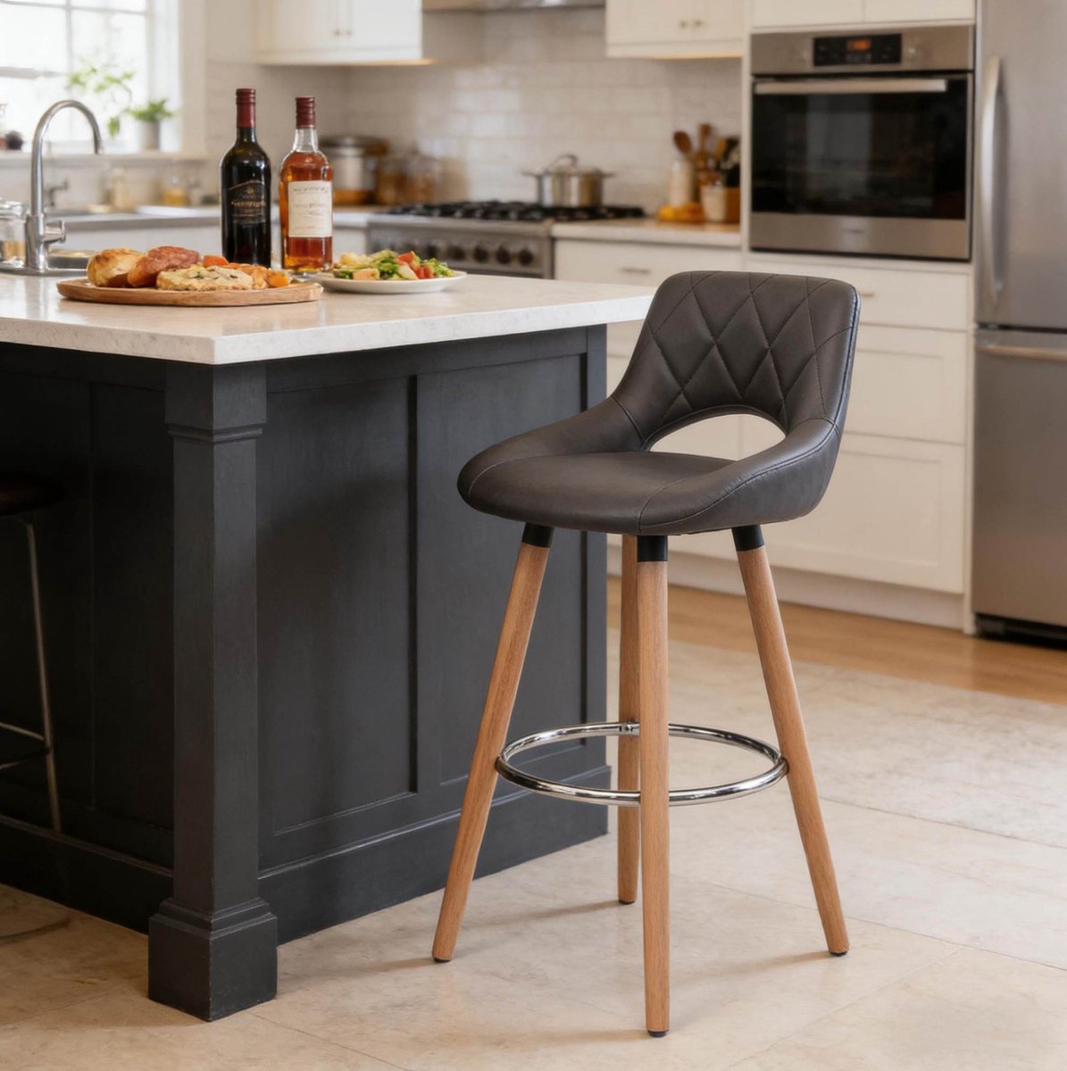 COVREO Barkruk 96 cm grijs, kunstleer met houten poten en rugleuning