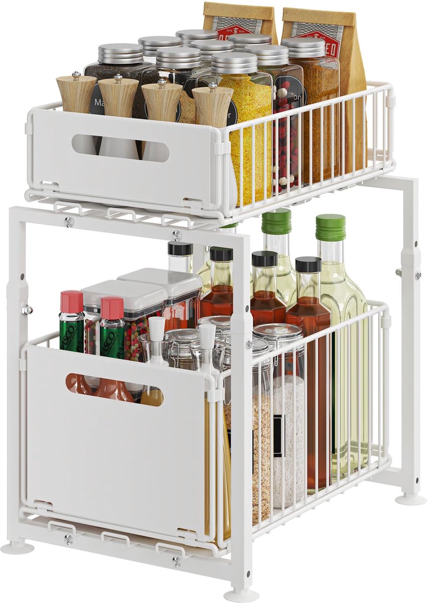 Onderkast Organizer Keuken - 2-Laags Uitschuifbaar Opbergrek - Metalen Kast Organizer voor Kruiden, Schoonmaakmiddelen en Keukenaccessoires - Ruimtebesparend Rek voor Onder de Spoelbak - Stevige Constructie - Wit