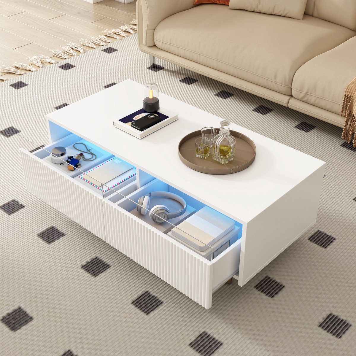 Moderne salontafel met gegolfde lade - met LED-verlichting - wit
