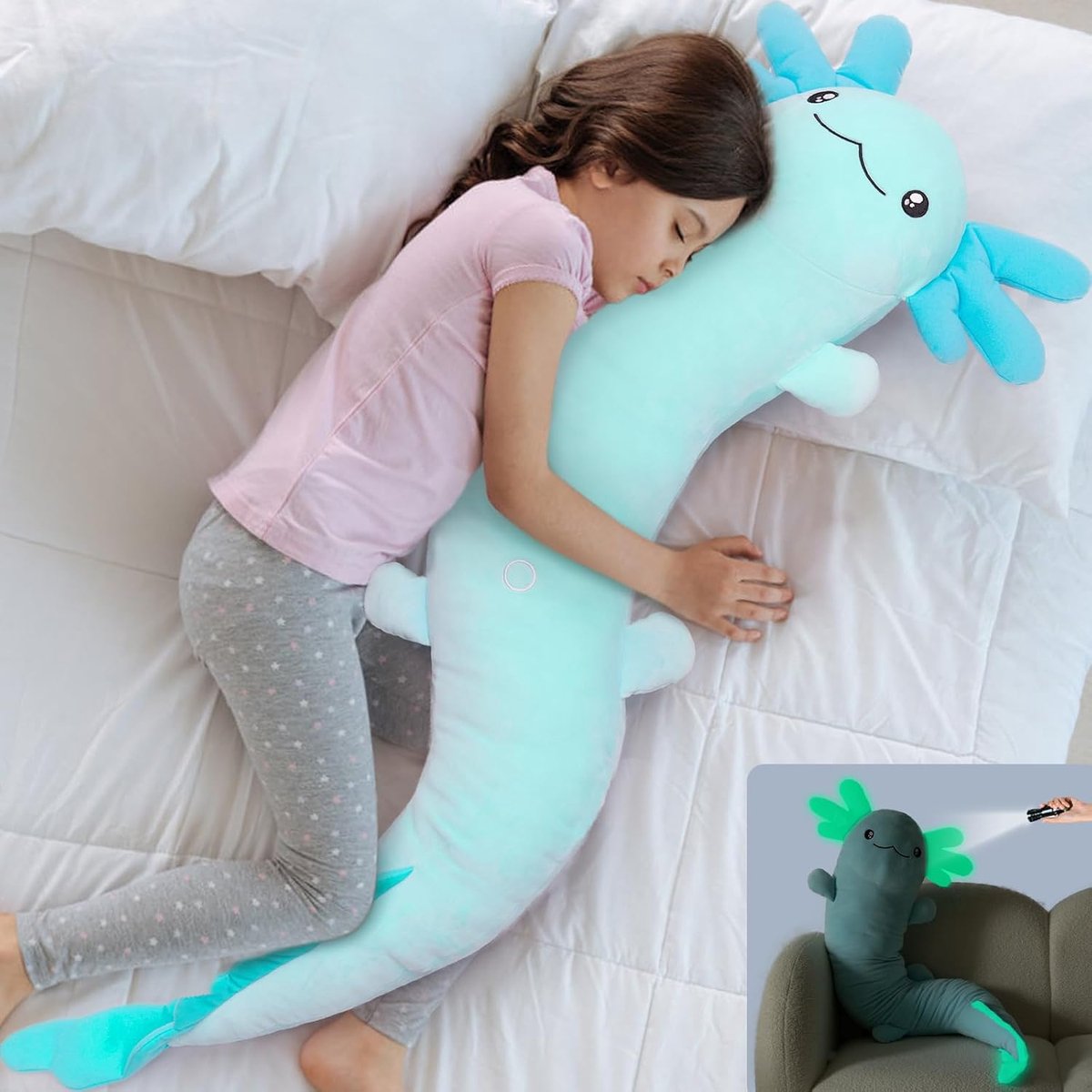 122 cm lang Axolotl knuffel XXL kussen, verjaardagscadeau voor kinderen en baby's, blauw