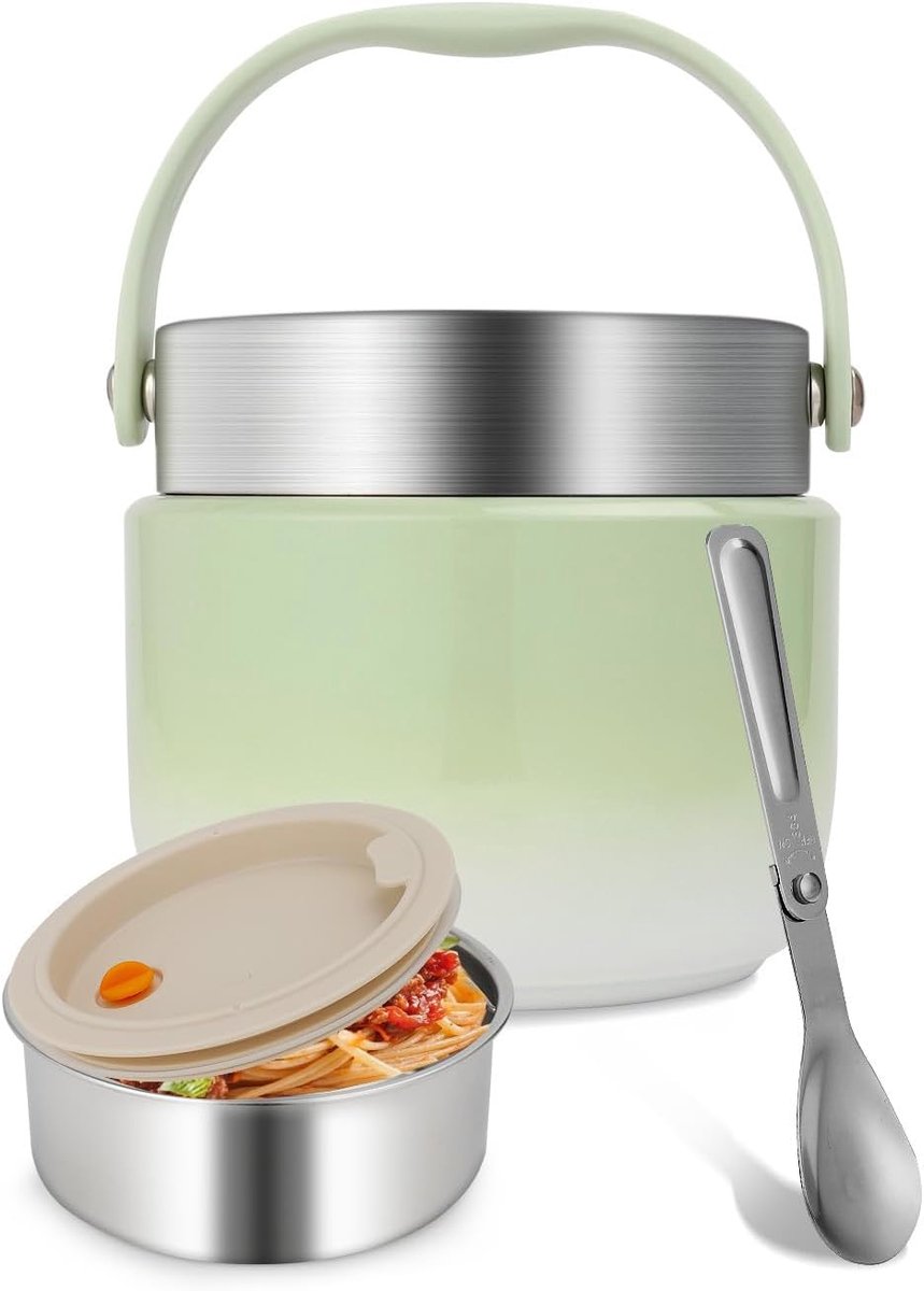 SnelShoppen - 1200ml Geïsoleerde Roestvrijstalen Lunchbox met Warmhoudfunctie, Opvouwbare Lepel, Perfect voor School, Kantoor en Buiten, Groen