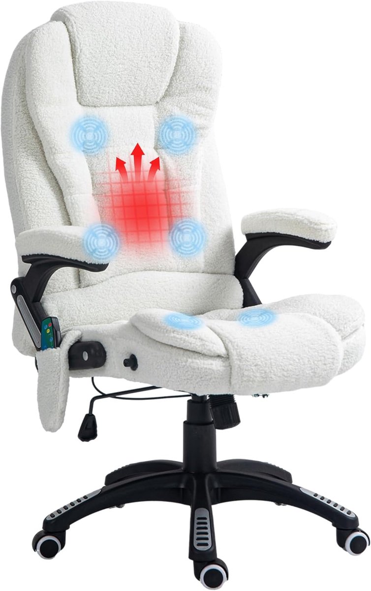 Massagebureaustoel met kantelfunctie, bureaustoel, in hoogte verstelbare directeursstoel met verwarmingsfunctie, ligfunctie, draaistoel met voetensteun, teddyfluweel, wit