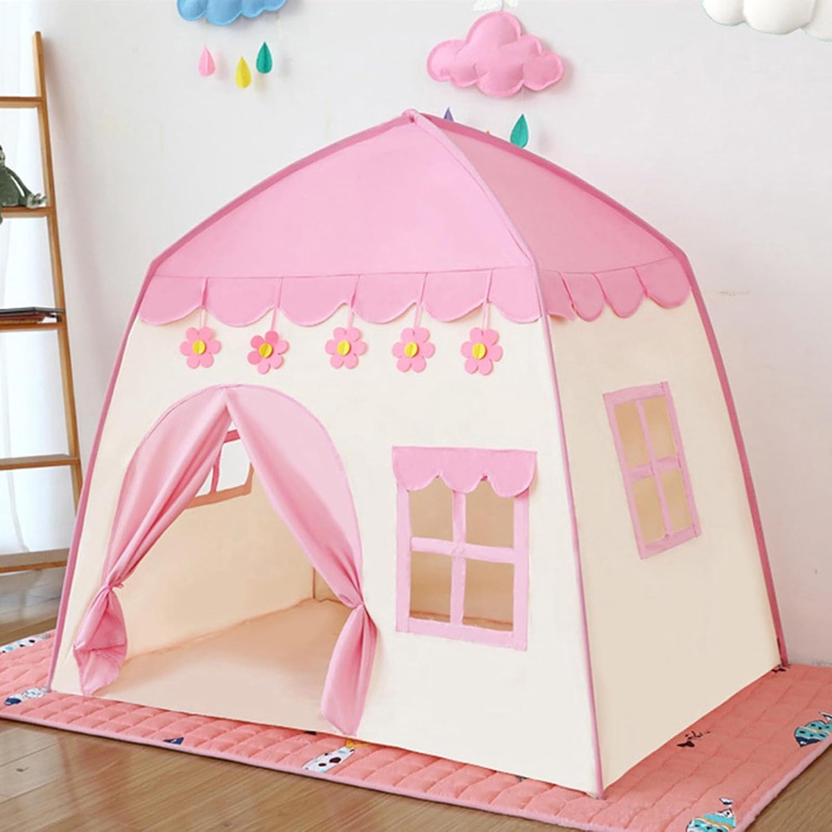 Speeltent voor kinderen, kindertent voor binnen, kindertent, speeltent, 130 x 100 x 130, grote kinderspeeltent, kinderhuis, speelhuis voor meisjes, prinses, binnen en buiten, speelgoed (roze)