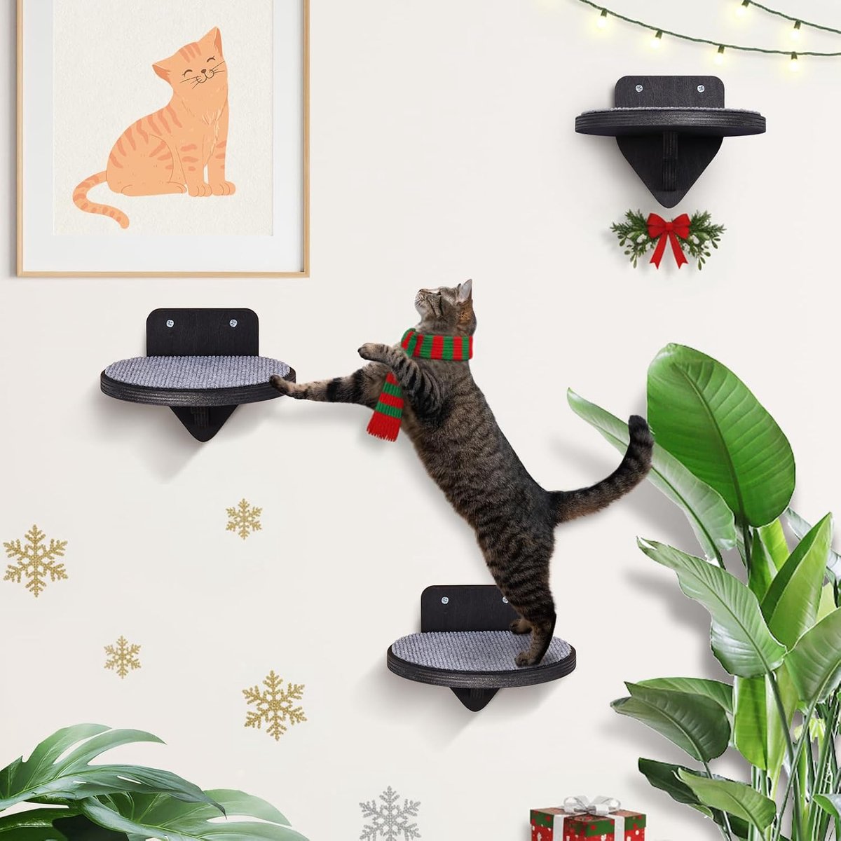 XXL Premium klimwand voor katten van berkenhout, set van 3 kattentrappen met krabvlakken, wandmontage, kattenladder, klimnet voor katten, houtkleur, donkere kleur
