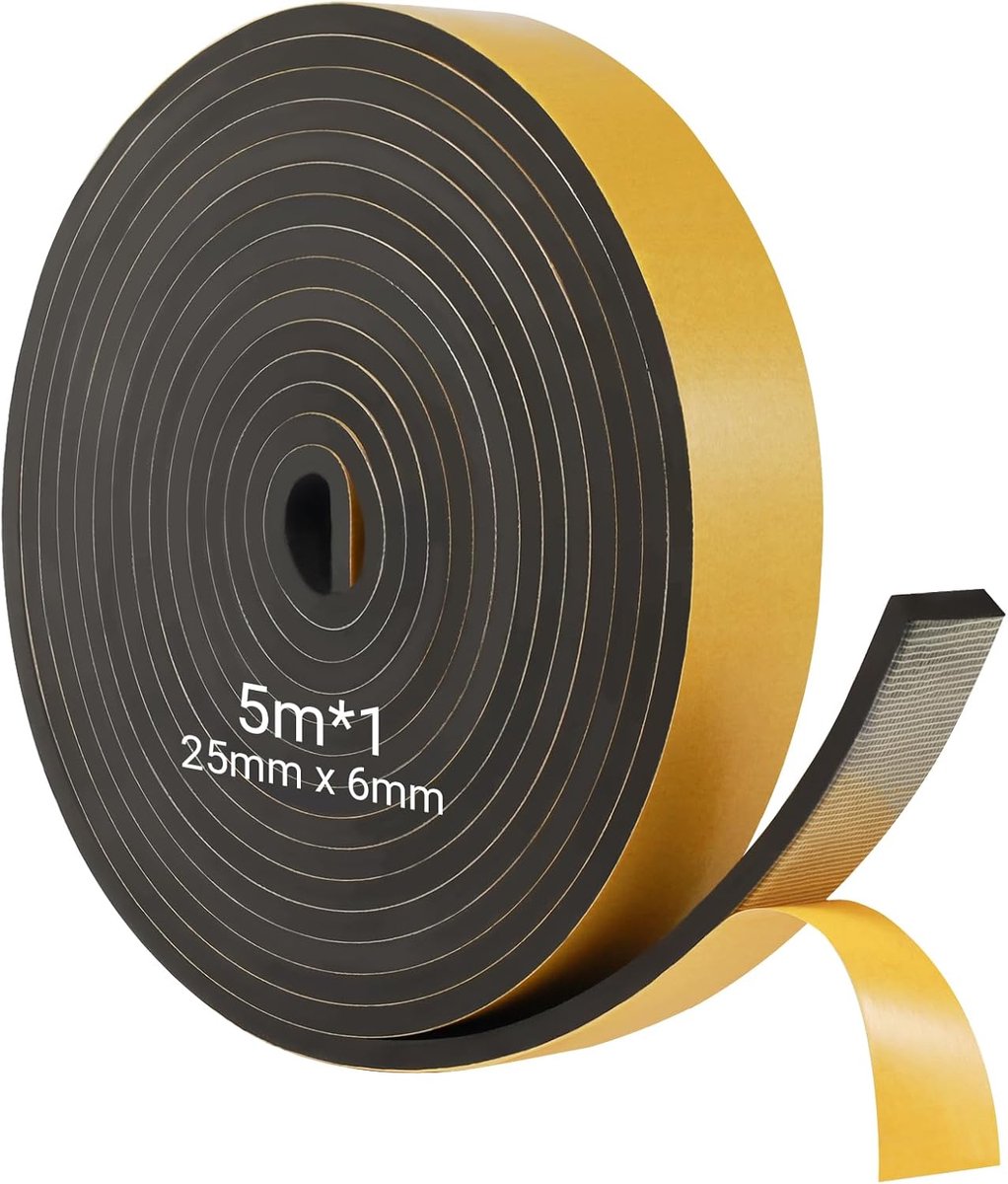 5 m zwart schuimplakband, schuimrubber, zelfklevend, 25 mm x 6 mm, schuimafdichting, voor oude deuren en ramen