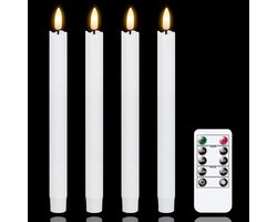 LED-kaarsen met afstandsbediening en temporizator, Wit batterijvoorzorgde flakkerende, pak van 4 echte waskaarsen met warme brand en 3D-wiek, vlamloze kandelaars (2 cm x 25 cm)