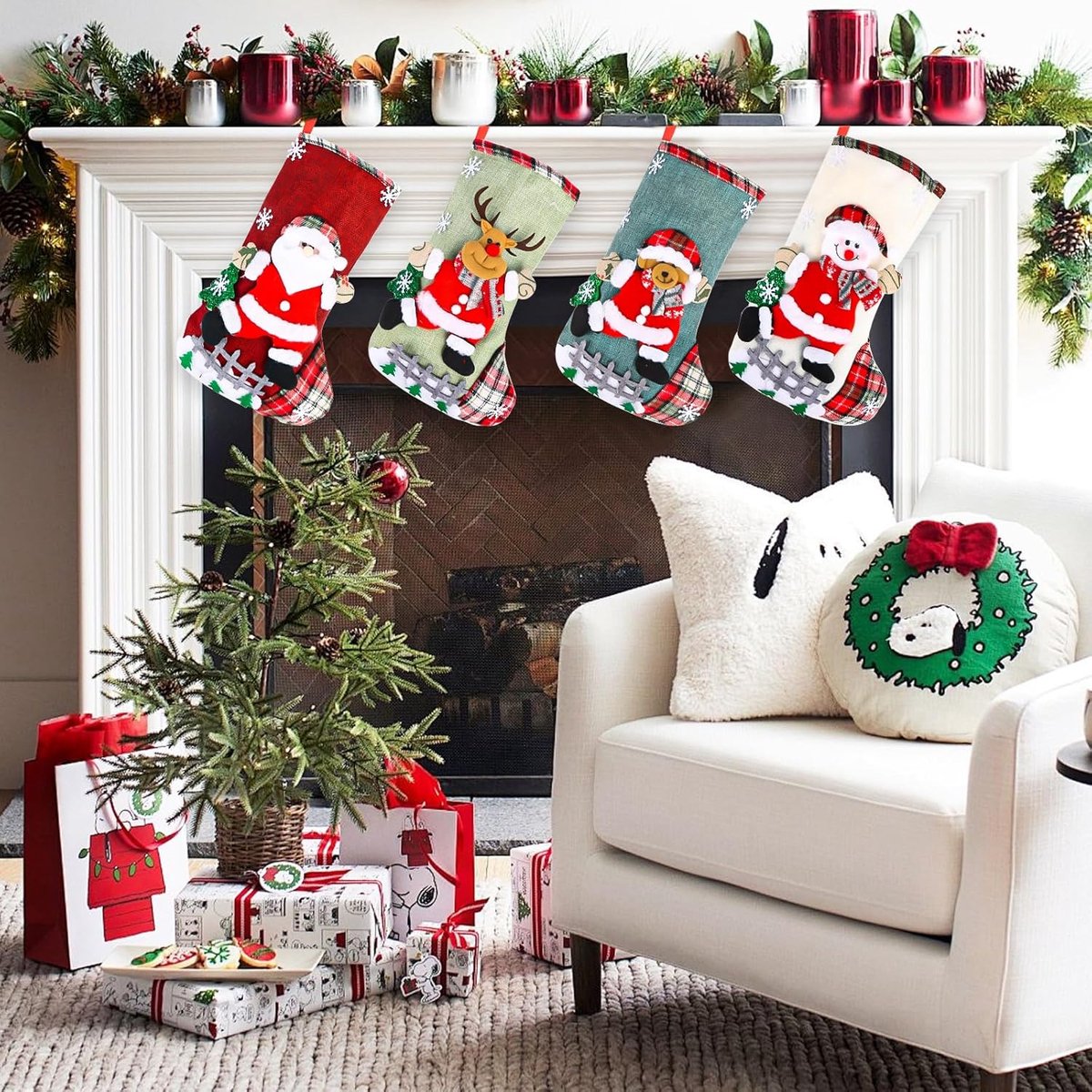 Kousenset, 2025 Nieuwe kerstkous, kerstlaarzen om te vullen, kerstsokken om op te hangen, Christmas Stocking Set, kerstsokken kerstdecoratie voor open haard & kerstboom (4 stuks)