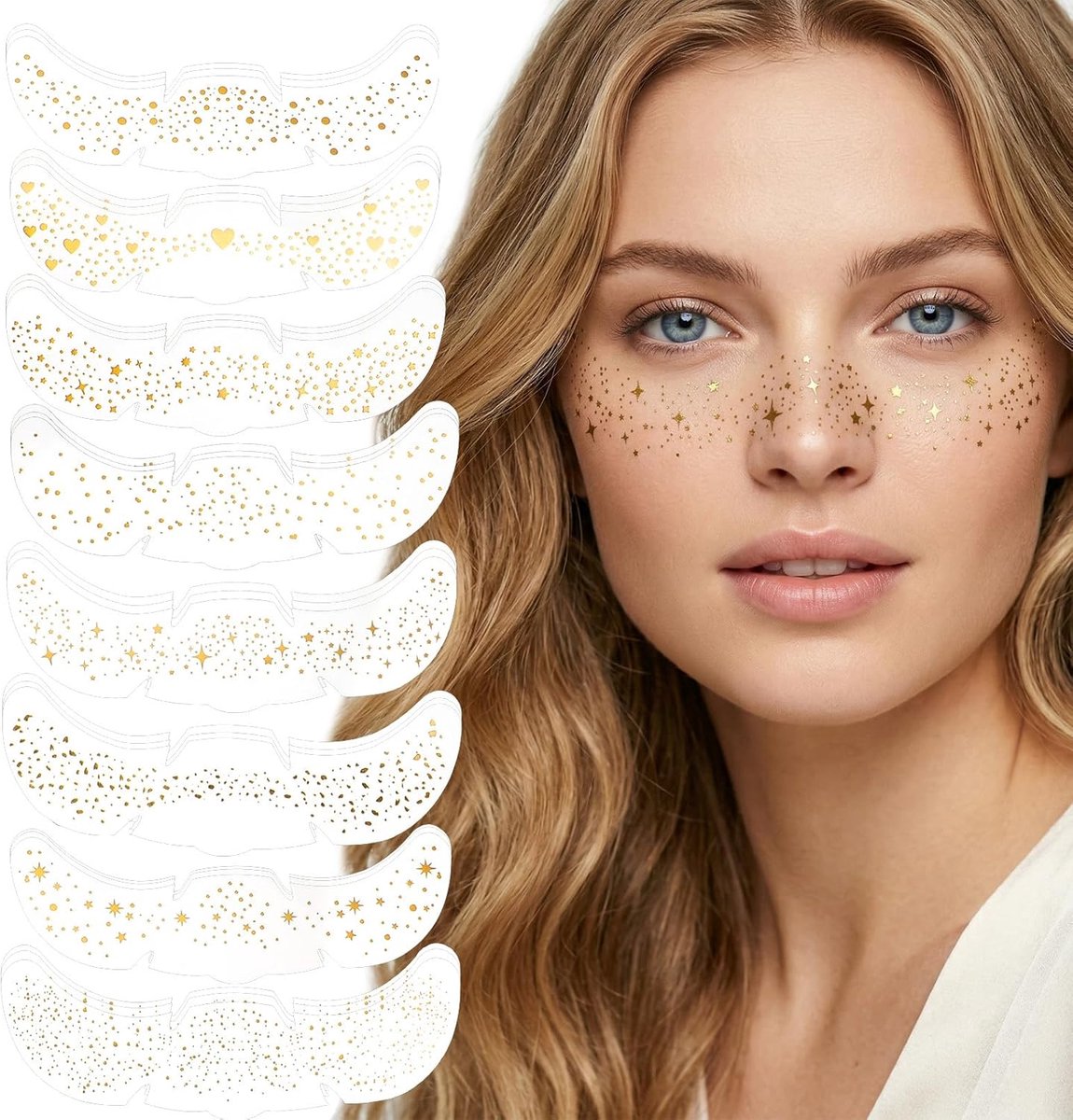 24 stuks gouden glitter sproeten gezichtstatoeages, 8 stijlen met sterren en stippen, waterdichte tijdelijke tatoeages, fonkelende sproeten stickers voor carnaval, festivals, feestjes