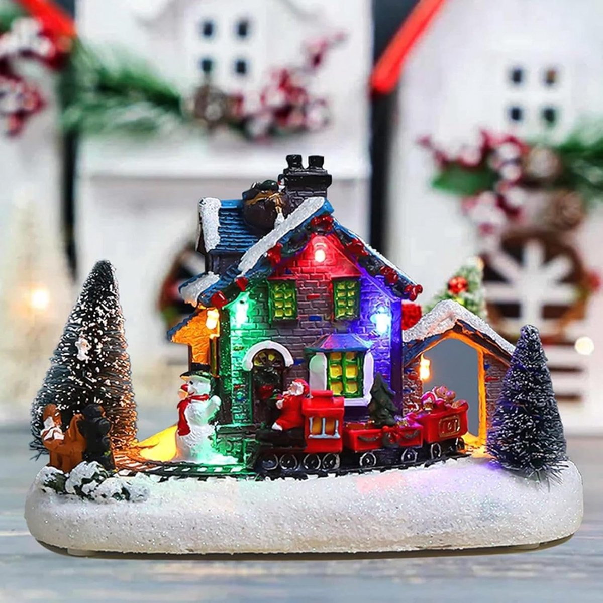 Kerstdorp Ornamenten - Kersthuisjes Set - Feestelijke Decoratie - Met LED Verlichting - 18 x 10 x 12 cm - Kleurrijk – foto 2