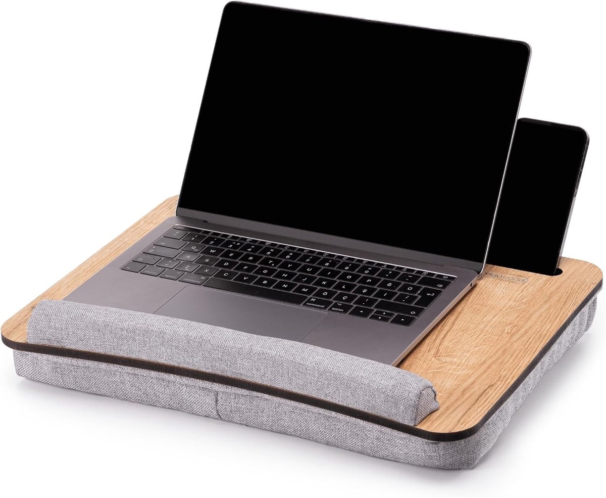Schoottafel Laptoptafel - Eik Grijs - Ergonomische Hellingshoek - Draagbare Bedtafel - Voor Werken en Studeren