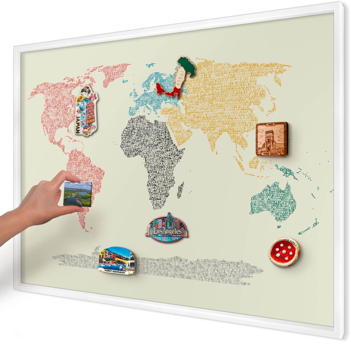 Artprintcave Beige Magneetbord mit Witte Lijst - 100x70 cm - Wereldkaart Notitiebord - Typografisch Magneetbord Voor Keuken - Kaarten