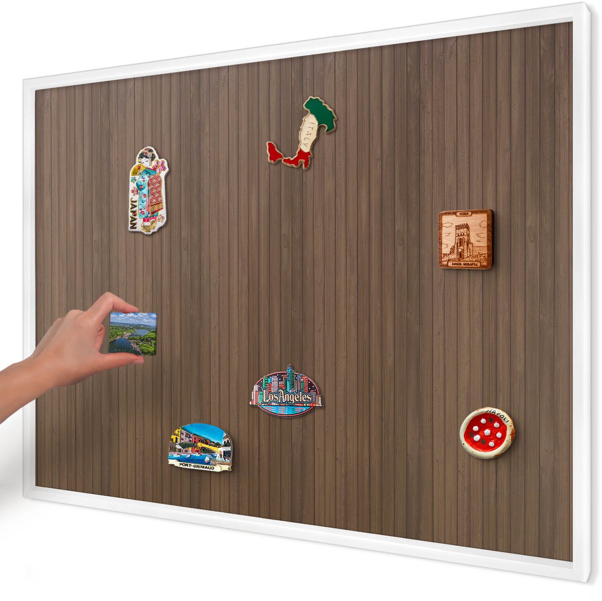 Artprintcave Bruin Magneetbord mit Witte Lijst - 100x70 cm - Houten Achtergrond Magnetisch Bord Voor Magneten - Rustiek Magneetbord Voor Foto's - Texturen
