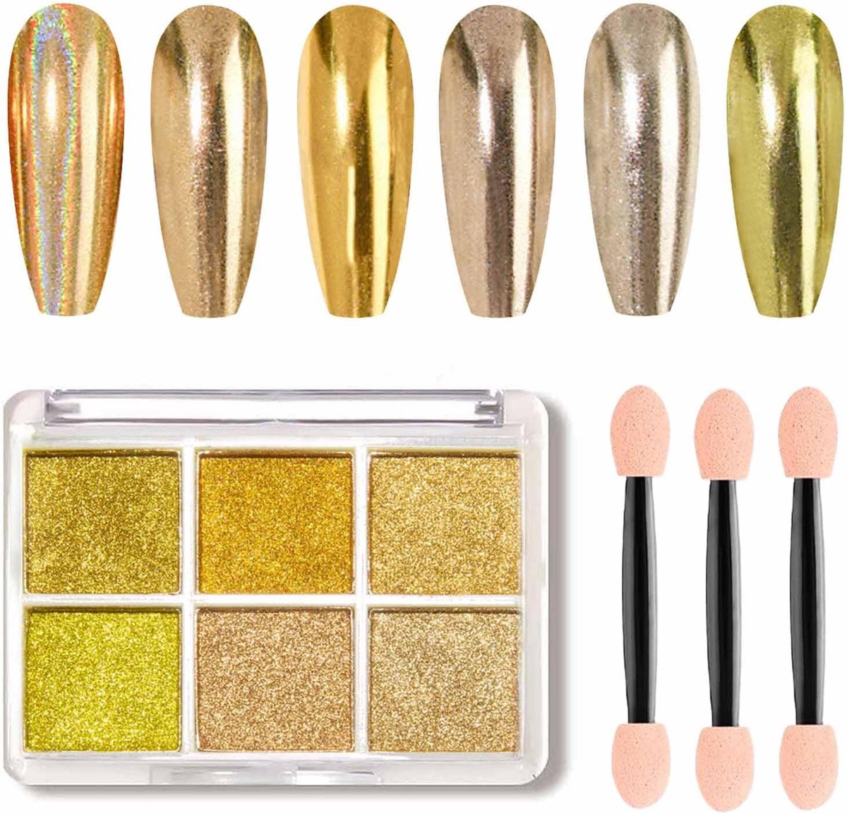 SnelShoppen - Gold Nagelpoeder Mirror Effect Chromen Nagelpoeder, 6 Kleuren Holografisch Metaal Nagellak Set voor DIY Nagelkunst Decoratie