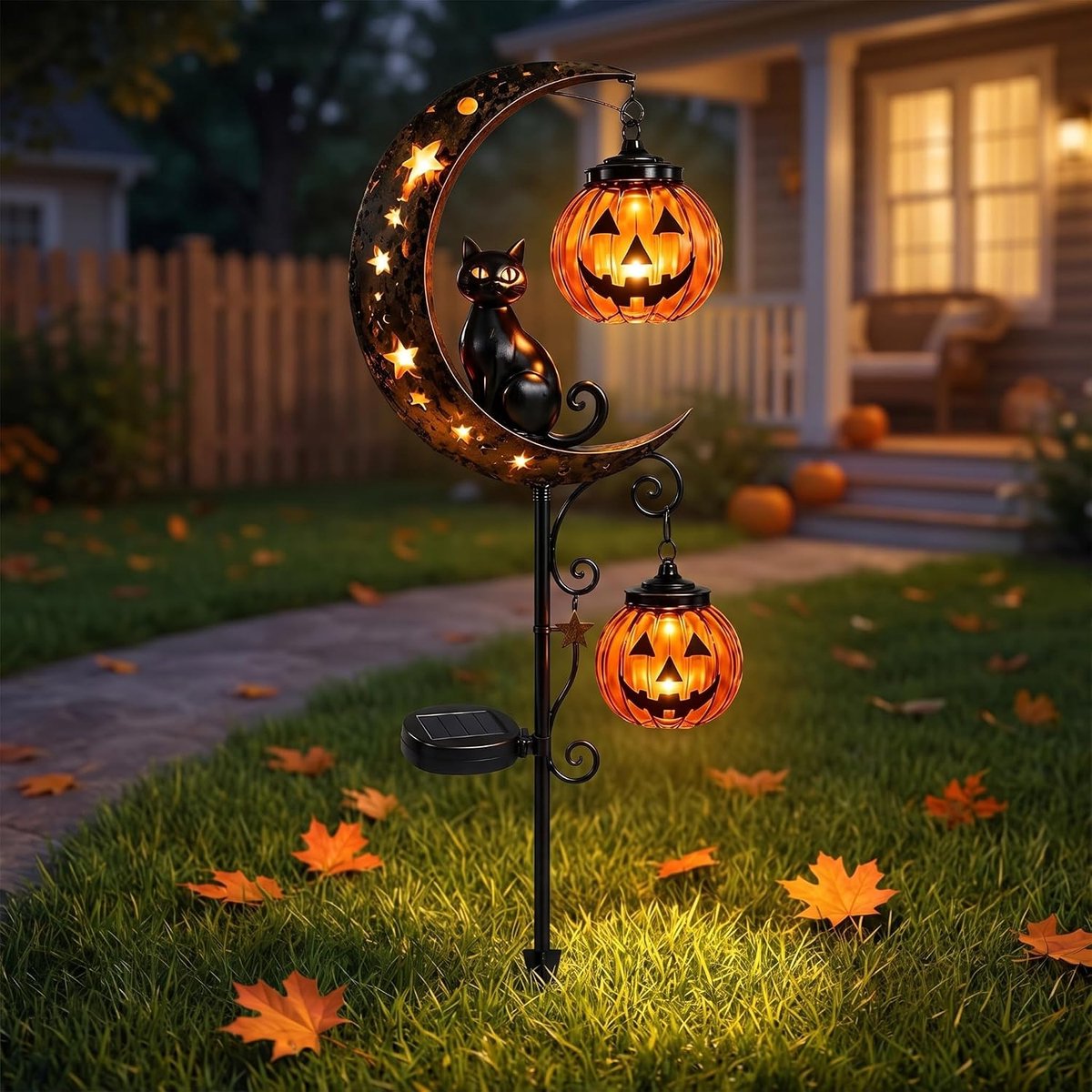 Solar Halloween Zwarte Kat & Pompoen Maan Tuinpaallicht - Waterdichte Buitenverlichting - voor Terras, Tuin, Gazon, Pad - 1 Stuk