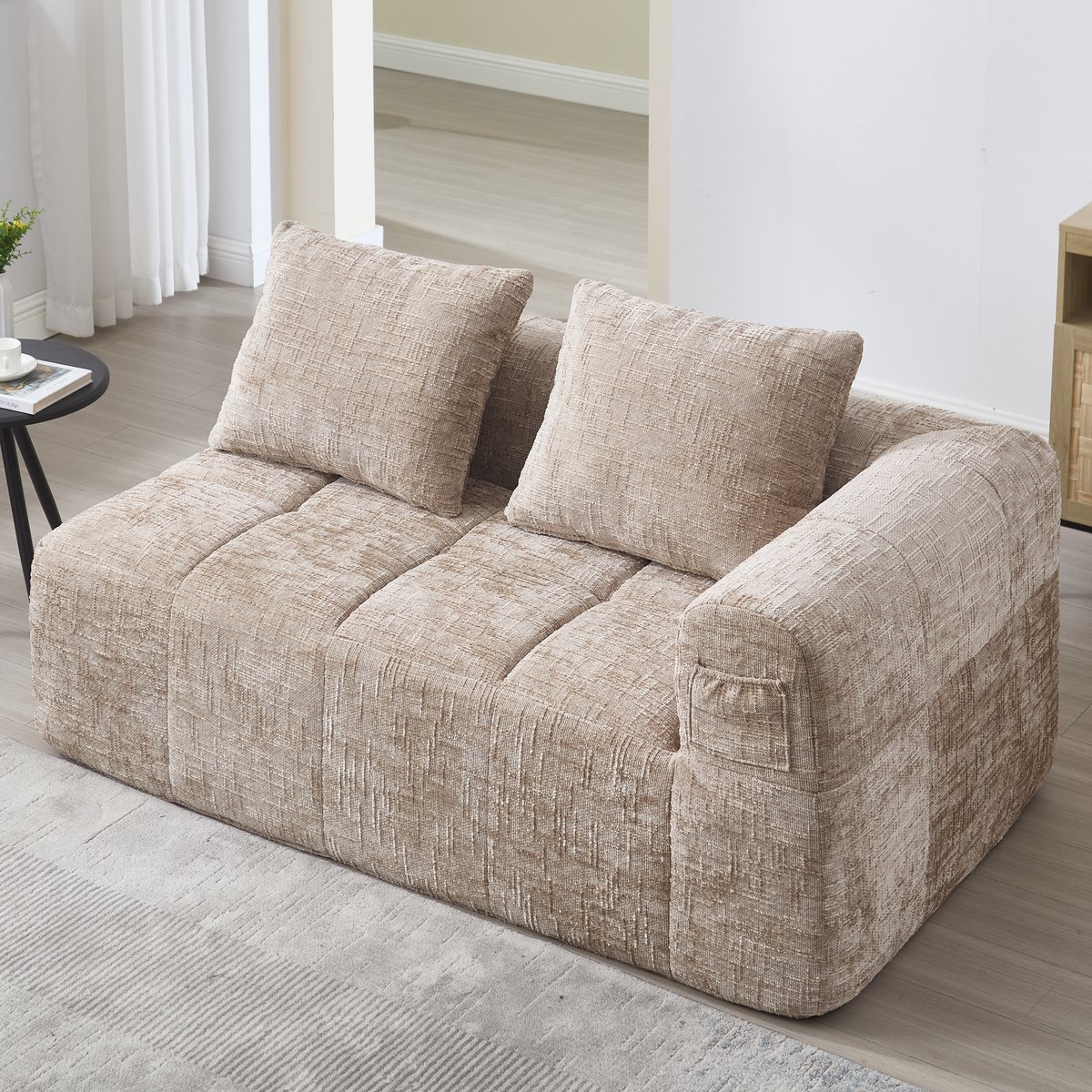 Lounge Bank - Khaki Chenille 2 Persoons Bank Met Chaise Longue En Opbergvak