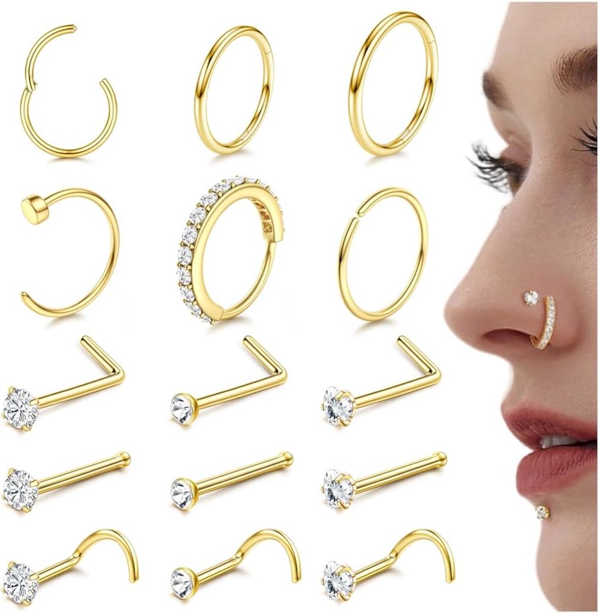 Neuspiercing, 15 stuks, chirurgisch staal, hypoallergeen, neuspiercing, steker goud/zilver, zirkonia, nep neusring, neusring, nostril, sieraad