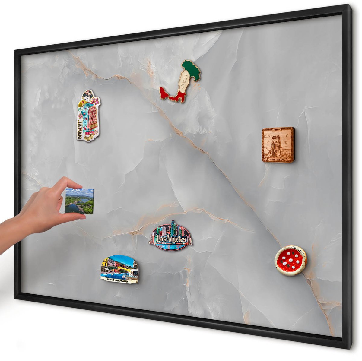 Artprintcave Grijs Magneetbord mit Zwart Frame - 100x70 cm - Grijze Aderen Magnetisch Bord Voor Magneten - Minimalist Magneetbord Voor Keuken - Texturen