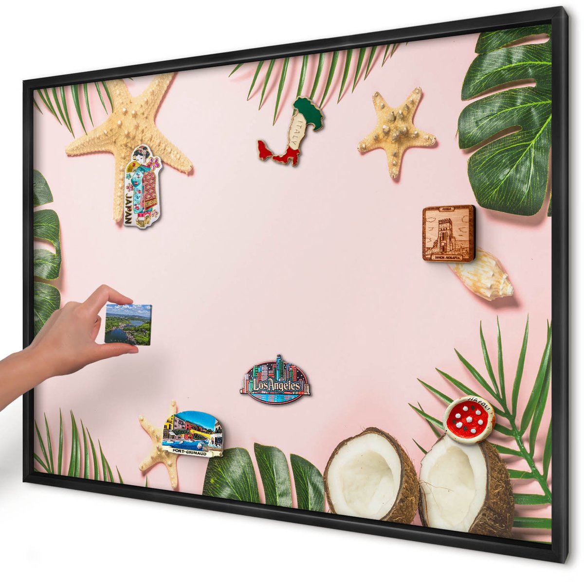 Artprintcave Roze Magneetbord mit Zwart Frame - 100x70 cm - Tropische Vakantie Magneet Bord mit Frame - Illustratief Magneetbord Voor Keuken - Natuur