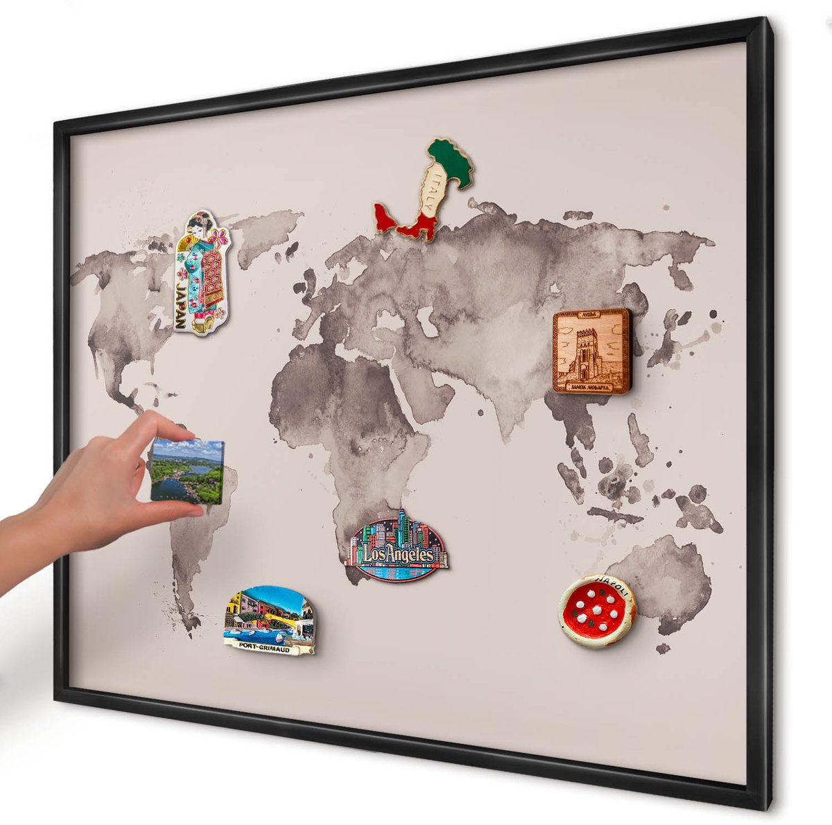 Artprintcave Bruin Magneetbord mit Zwart Frame - 80x60 cm - Wereldkaart Bord Voor Magneten - Waterverf Wandbord Magnetisch - Kaarten