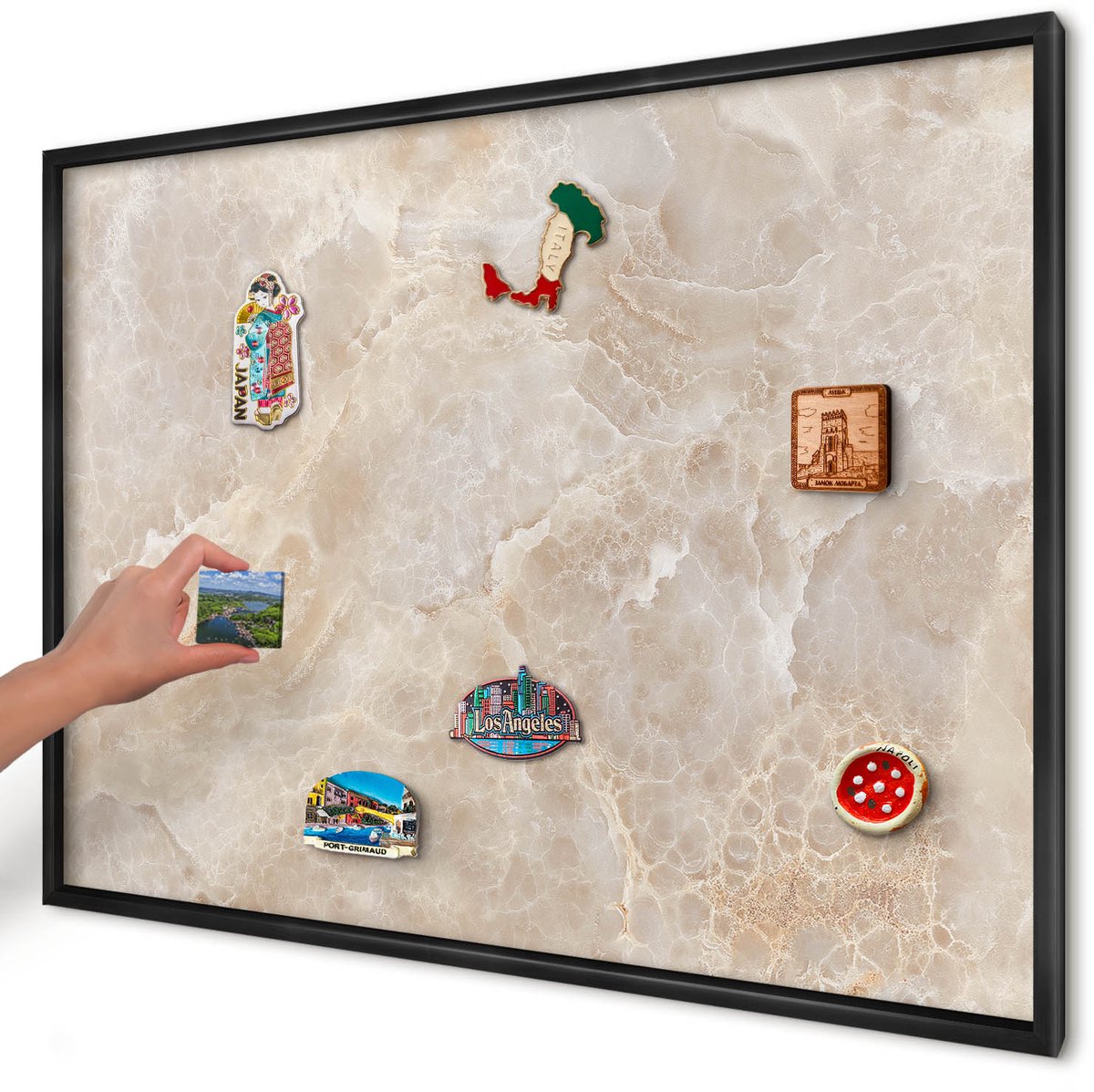 Artprintcave Romig Magneetbord mit Zwart Frame - 100x70 cm - Crème Marmer Magneetbord Voor Keuken - Modern Wandbord Magnetisch - Texturen