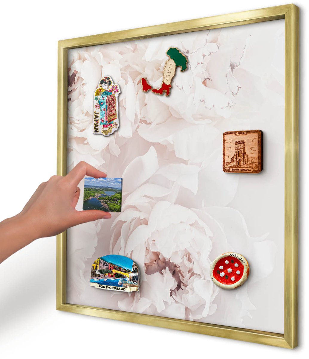 Artprintcave Wit Magneetbord mit Gouden Frame - 50x50 cm - Witte Pioenrozen Magneetbord Voor Foto's - Minimalist Magnetisch Bord - Bloemen En Planten