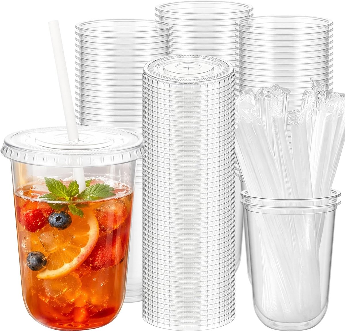 Set van 50 plastic bekers met deksel en rietje, 16oz/480 ml, transparante plastic feestbekers, smoothiebekers, herbruikbare smoothiebekers voor ijskoffie, slush, cocktail, camping, feest