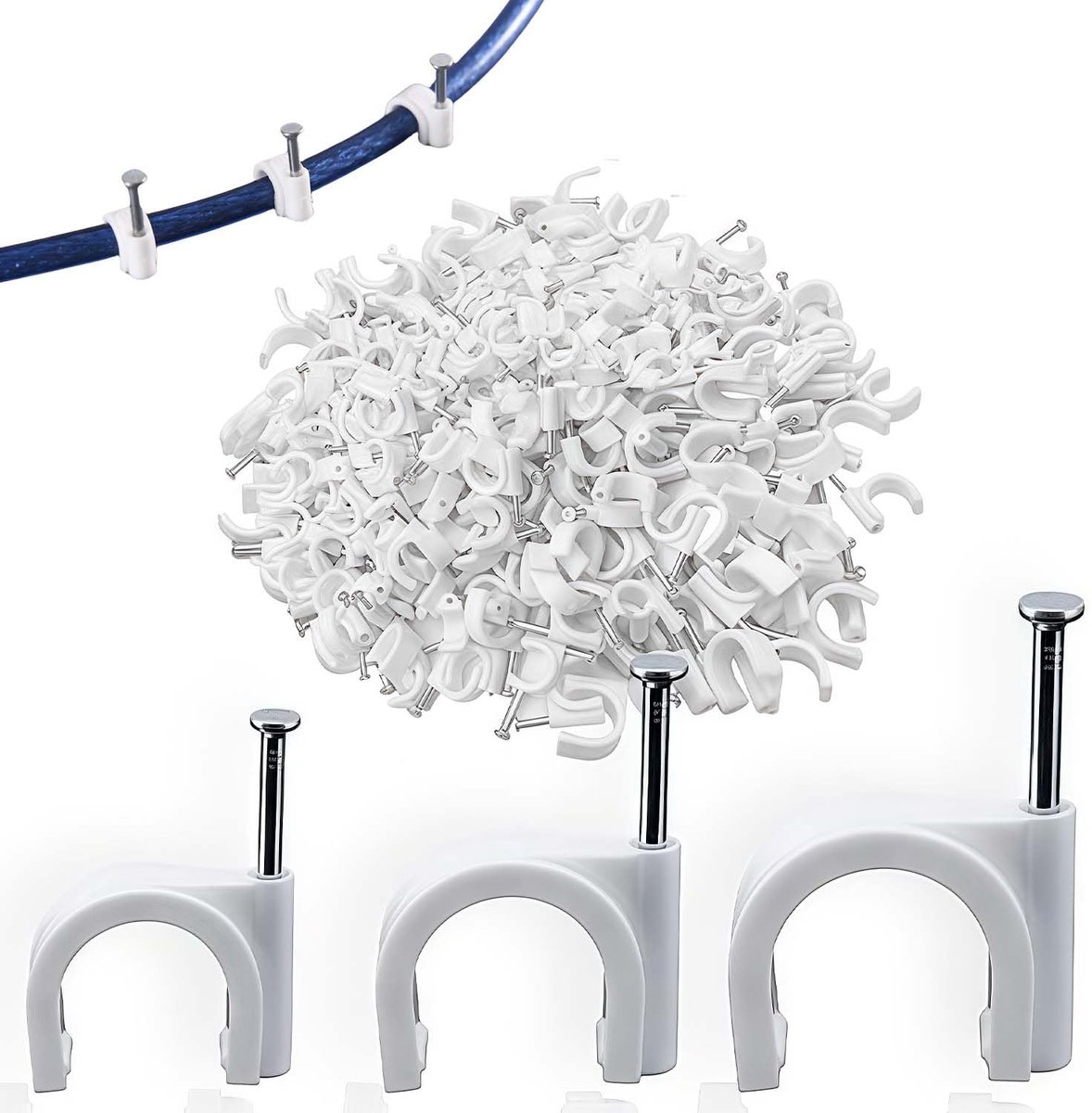 SnelShoppen - Pack van 300 Kabelhouders, Kabelclips, Klemmen voor Kabels, Wandmontage, Lijmklemmen met Ingebouwde Spijkers, Wit, 5mm, 7mm, 9mm, Organi