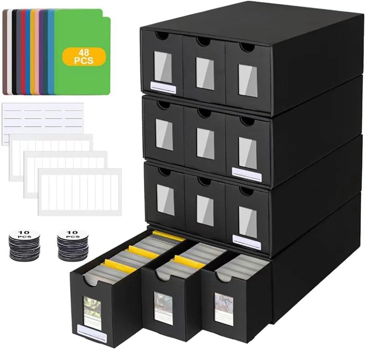 Kaarten-opslagsysteem - Zwart karton - Met displayramen - 12 stapelbare laden - Voor ruilkaarten