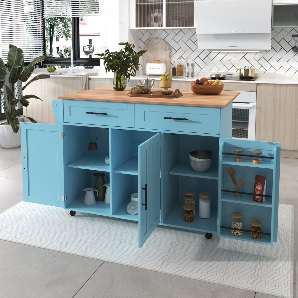 MIVRAY Keukenkast - Uitklapbaar Werkblad Met 2 Laden En Wielen - Voor Keuken En Eetkamer - MDF - Blauw - 129 X 46 X 91,5 Cm