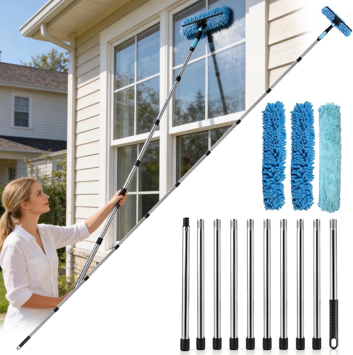 Raamtrekker met telescopische handgreep 390 cm - compleet raamreinigingsset - 2 bladen - ideaal voor thuis en auto - ShopVlot