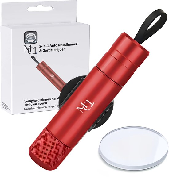 Verpakking en rode metalen 2-in-1 autohamer met autohouder en testglas.