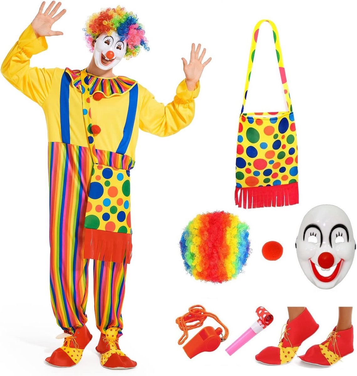Clown Kostuum Voor Volwassenen - Kostuumaccessoires, Kleding, Pruik, Masker, Zak, Schoenen - Halloween, Circus Rekwisieten, Carnaval Cosplay