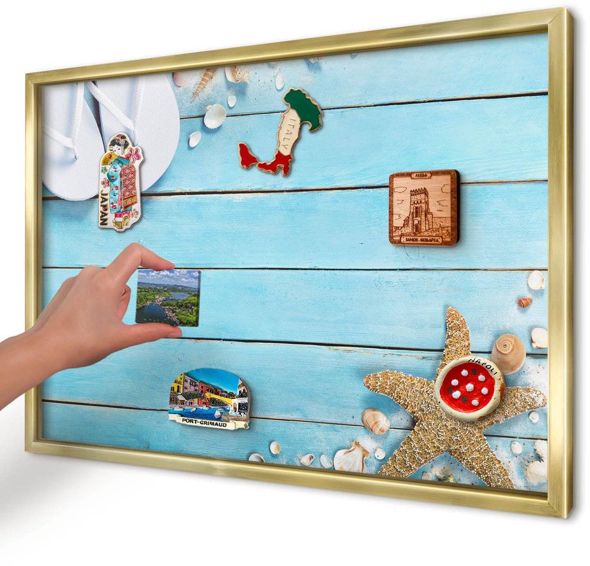 Artprintcave Blauw Magneetbord mit Gouden Frame - 60x40 cm - Vakantierust Magnetisch Bord Voor Magneten - Fotografisch Magnetisch Bord - Landschappen