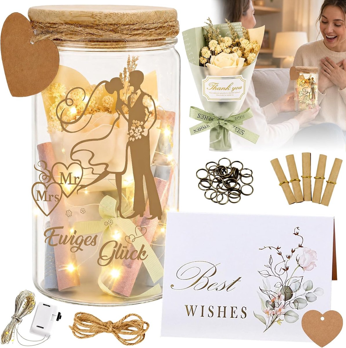 Bruiloftscadeaus voor bruidspaar, eeuwig geluk, geldgeschenken, bruiloft | LED flessenlicht spaarpot en vers verliefd met gedroogde bloemen hanger & wenskaart