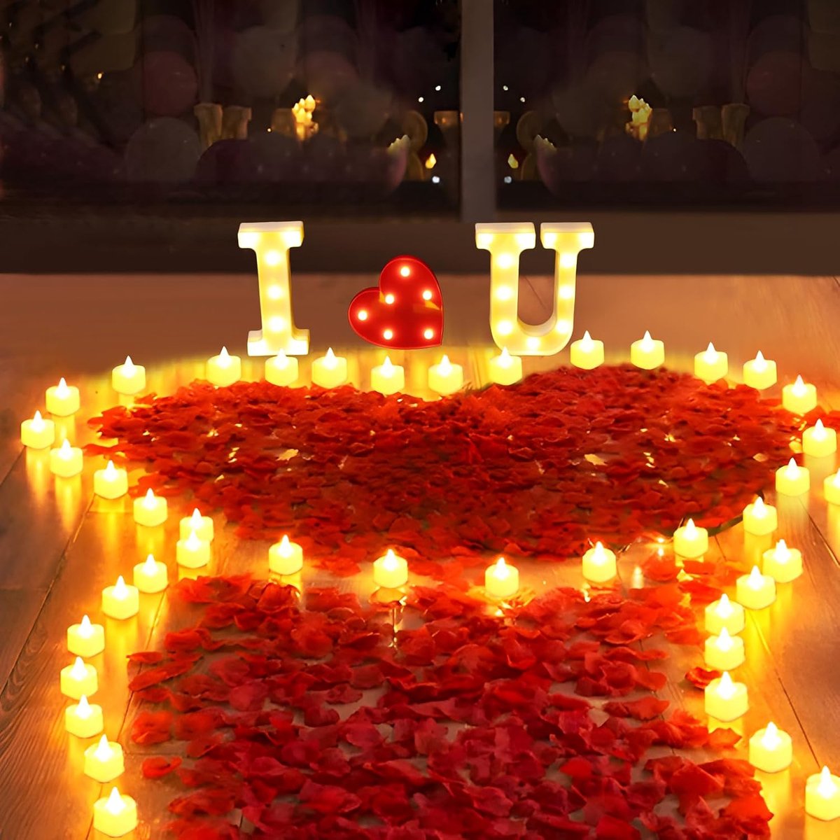 1027 stuks lichtgevende letters I Love U met 24 stuks vlamloze hartkaarsen 1000 rozenblaadjes voor huwelijksaanzoek romantische nachtdecoratie