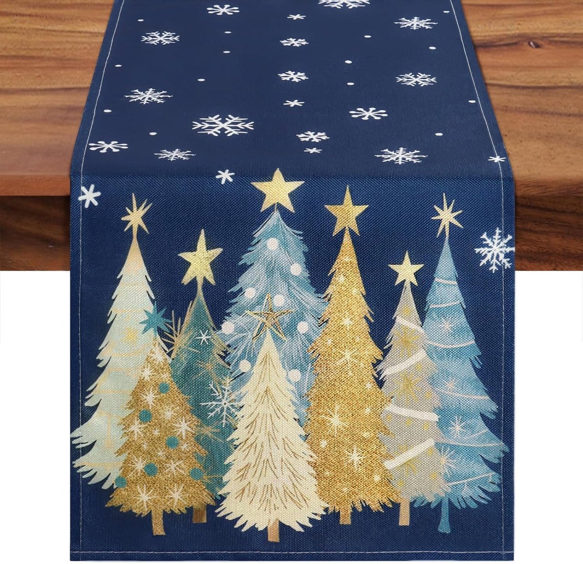 Kerst Tafelloper Blauw 30 x 180 cm, Xmas Tafellopers Boho Modern Linnen met Kerstbomen Sneeuwvlokken Print voor Winter Seizoensgebonden Kerstvakantie Feest Indoor Eettafel Decoratie