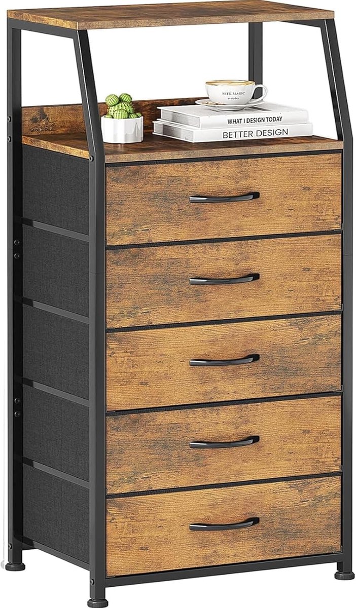 Nachtkastje met 5 lades - Opbergkast met houten planken - Makkelijk te monteren - Ideaal voor slaapkamer - ShopVlot