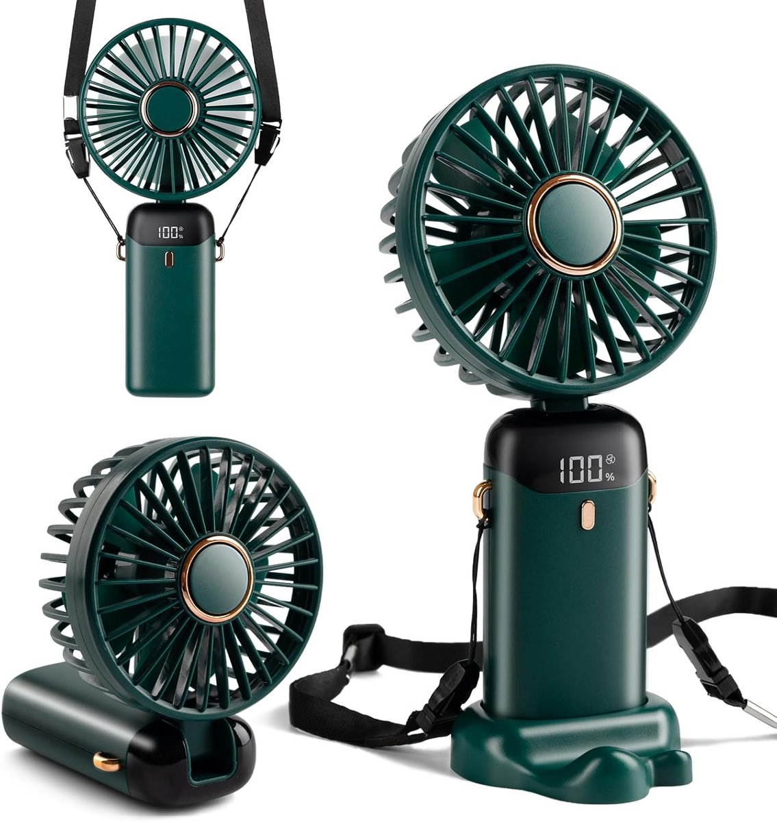 Handventilator, Type-C Oplaadbaar, 4000mAh, Digitaal Display, 5 Snelheden, 90° Opvouwbaar, Hand/Hals/Tafel 3-in-1, Make-up Ventilator voor Vrouwen (Donkergroen)