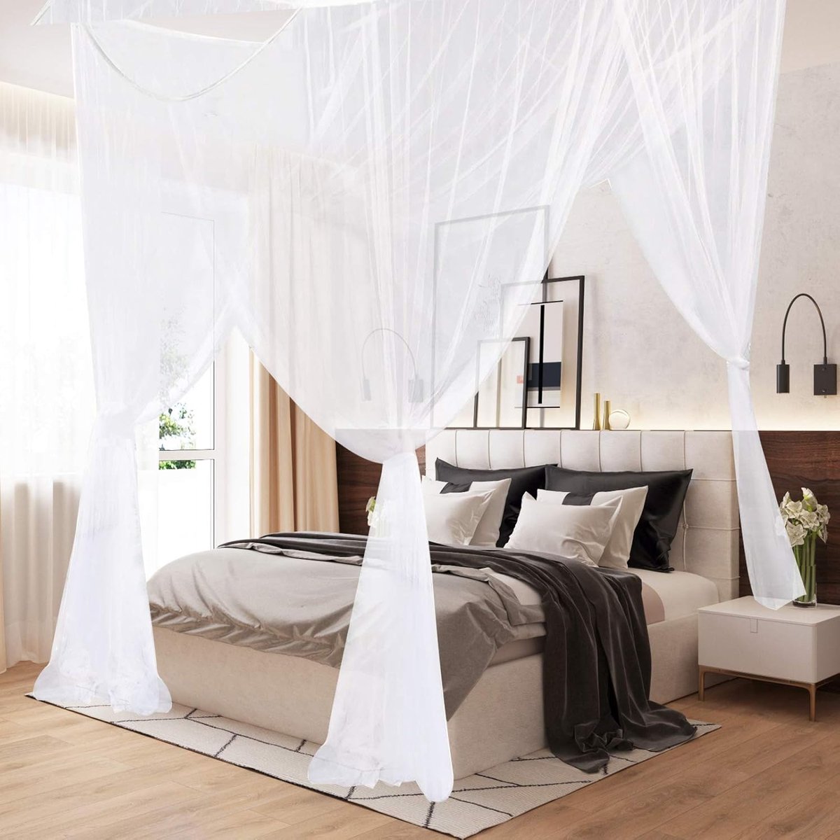Klamboe, kingsize, vier hoekpalen, gordijnen, bedhemel voor eenpersoonsbed, geschikt voor alle kinderbedden en bedden voor volwassenen, kinderkamer, babywieg, tuin, camping (wit)