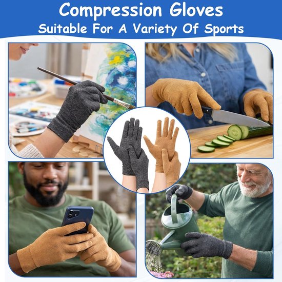 2 paar artrose-handschoenen voor dames en heren, volledige compressiehandschoenen, verlichting van artrose, Raynaud-ziekte en carpaal tunnelsyndroom (grijs + beige, XL) — afbeelding 4