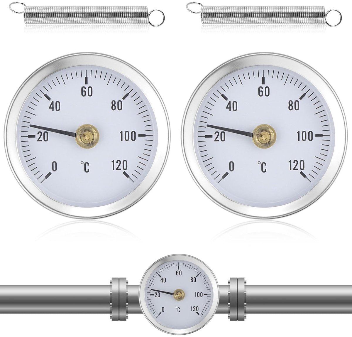 2 stuks met 63 mm veer voor warmwaterslangen, 0-120 °C buisthermometer voor radiatorbuistemperatuur, huishouden en industrie