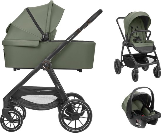 Groene Kikkaboo Modena 3-in-1 kinderwagen: reiswieg, zitting en autostoel.