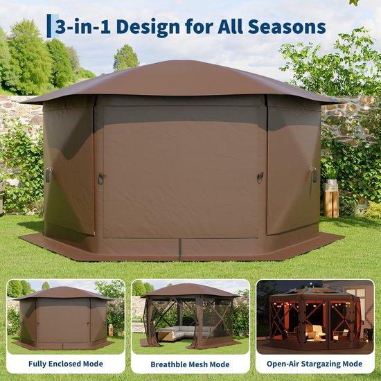 Triumpunpre Pop-up Tuinpaviljoen Zeszijdig 3,6x3,6m - Opvouwbare Gazebo met 6 Zijwanden & Muggengaas - Overkapping met Dakrand - 210D Polyester - snel opzetten - Beige/Khaki - voor Tuin, Terras, Camping, Feest & Barbecue — afbeelding 2