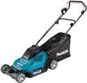 Turquoise Makita grasmaaier met zwarte grasvangzak, 430mm.